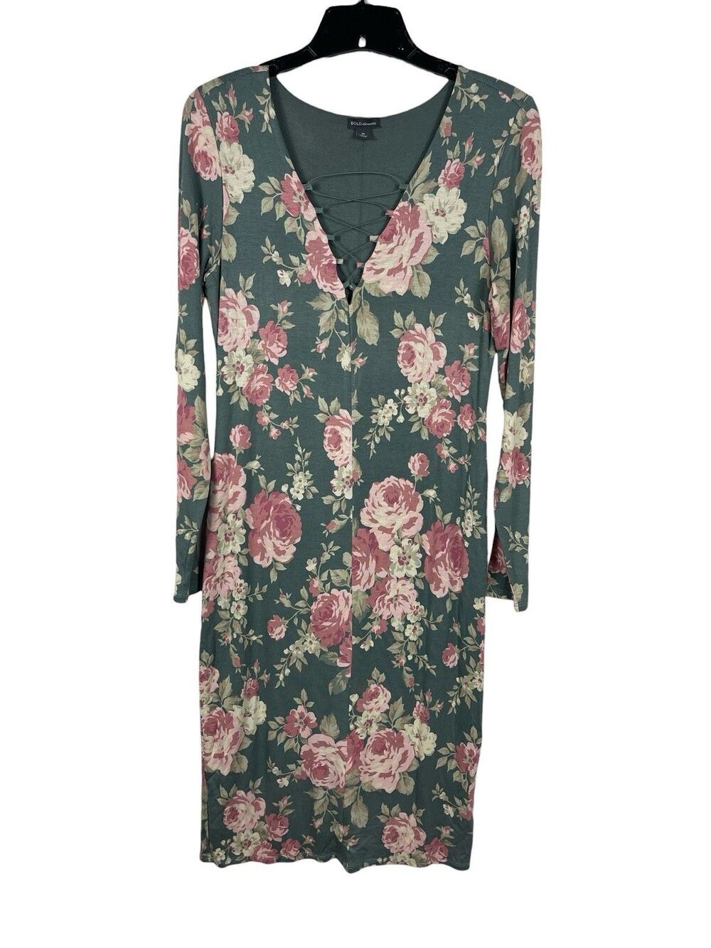 Bold Elements Women’s M Green Pink Floral Lace Up Bust Long Sleeve